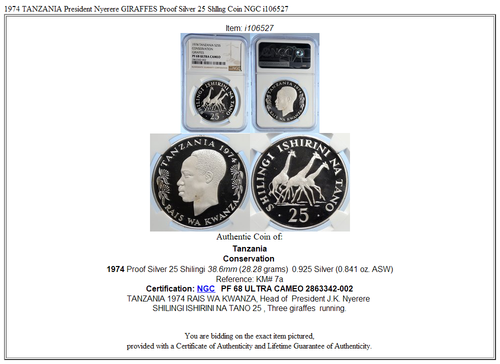 1974 TANZANIA President Nyerere GIRAFFES Proof Silver 25 Shllng Coin NGC i106527 - Picture 7 of 7
