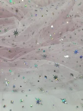 Fabric By The Yard Pink Mesh Silver Stars Holographic Iridescent  Fashion Fabric
