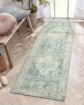 Waschbarer Läuferteppich 2x6 - Boho Flurteppich Läufer 2'x6'/24''''72'''' Salbeigrün