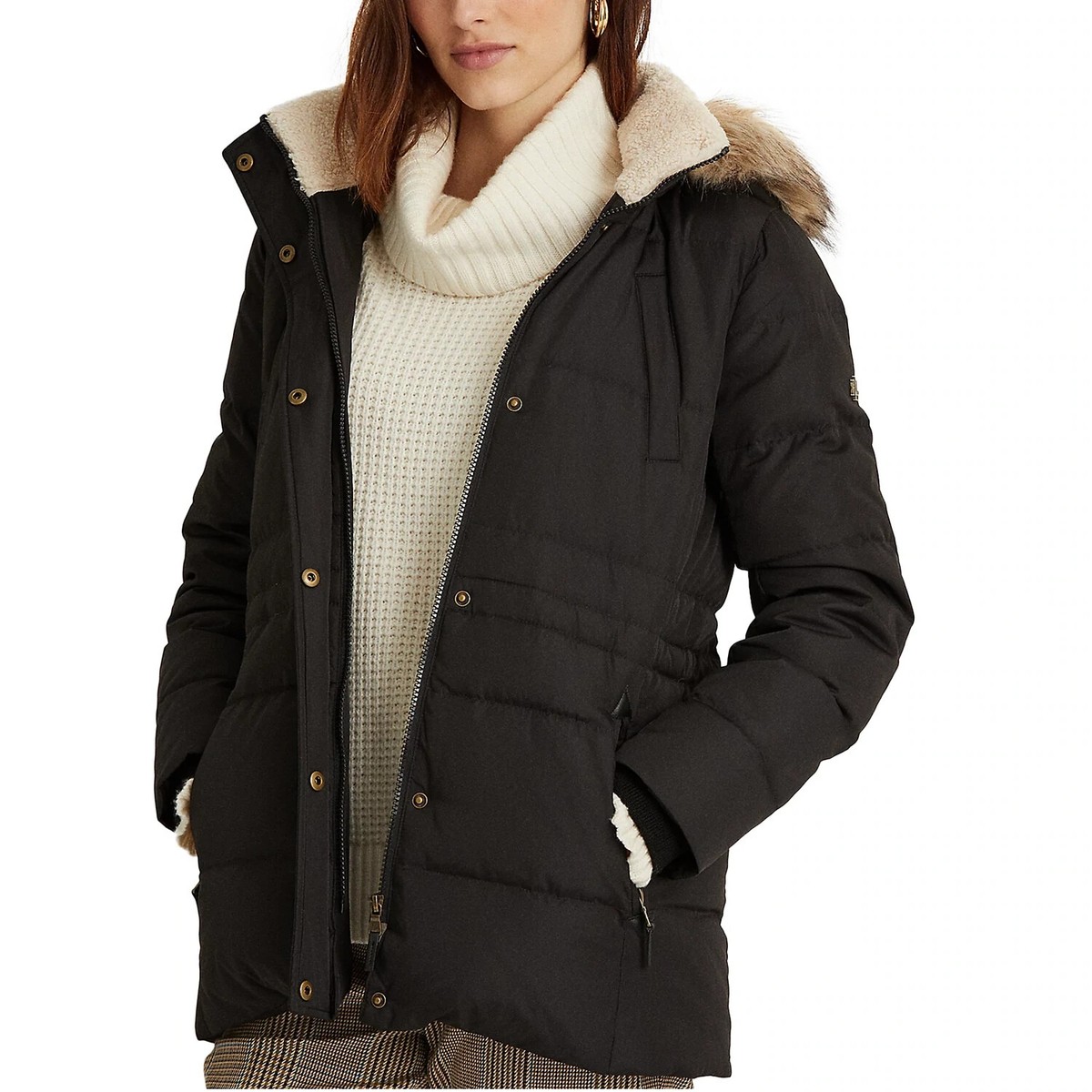 LAUREN RALPH LAUREN フード付きジャケット XS $265 Lauren Ralph Lauren Women's Black Faux Fur Trim Hooded Down