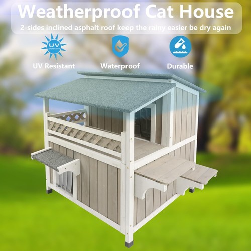 Two Story Cat House Outdoor Wooden Feral Cat Shelter with Balcony & Escape Door - Picture 6 of 7