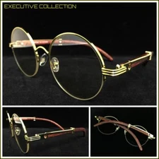Mens Classy Elegant Retro Hip Hop Round Clear Lens EYE GLASSES Gold & Wood Frame
