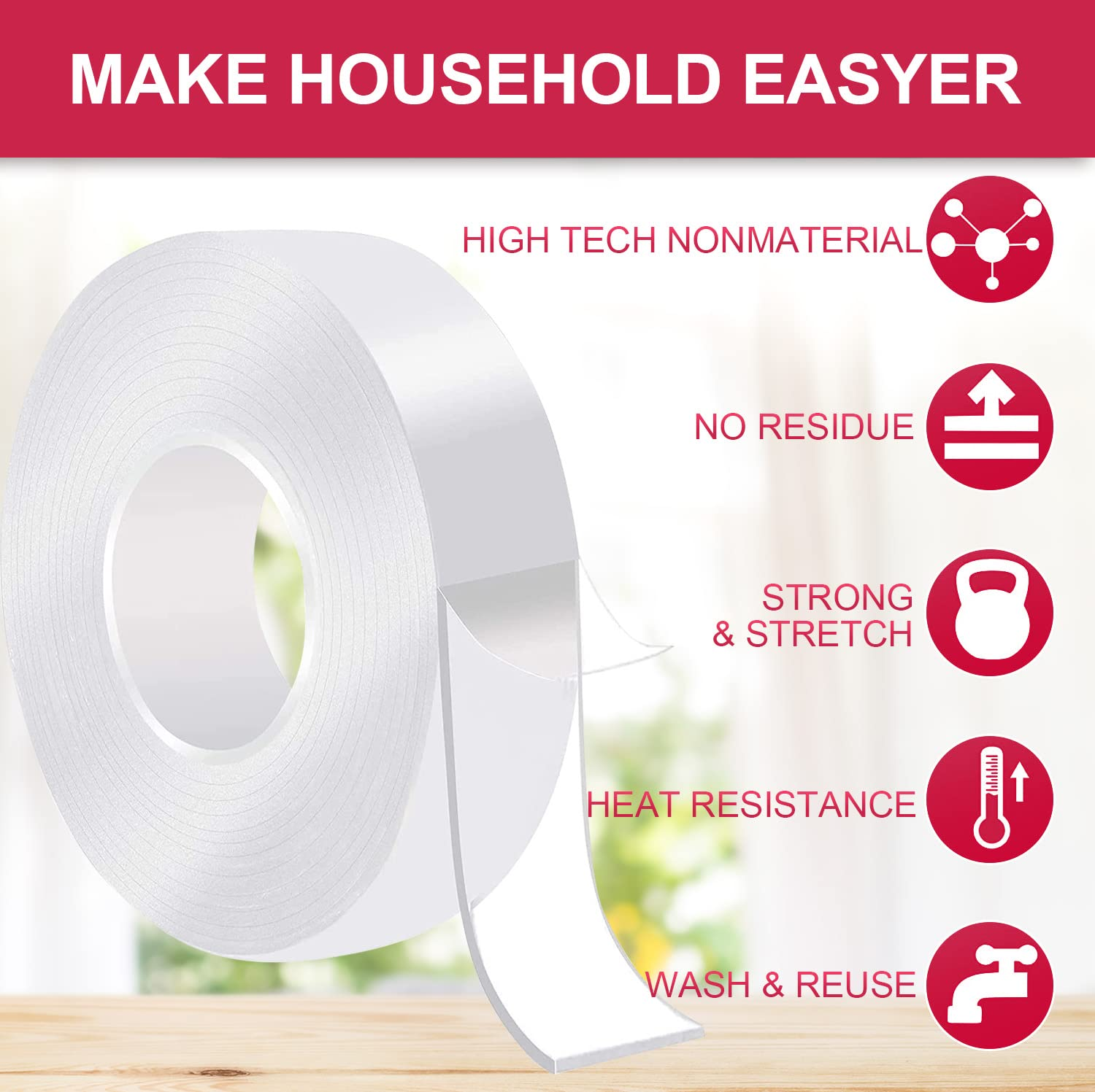 HOMMAND Doppelseitiges Klebeband 5m - Extra Stark Transparent & Spurlos