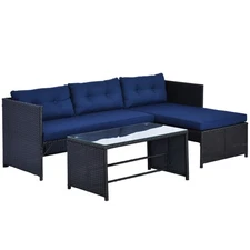 3pc backyard couch set with tempered glass coffee table UV-resistant rattan