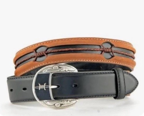 Justin Fenced In Mens 38 Leather Belt Black Brown Barbed Wire C10813 Western