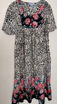 Only Necessities 1X Bib-Front Short Sleeve Maxi Lounger Cotton Cheetah Tropical