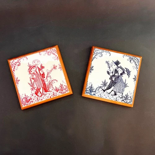 2 Vintage Bjorn Winblad Nymolle Denmark Ceramic & Wood Trivets – Rare! image 11