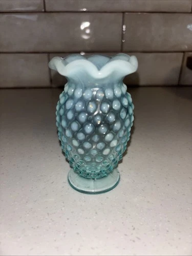 Vintage Fenton Glass Small Aqua Blue Hobnail Vase Ruffled Top, 4 in tall