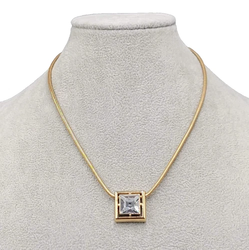 Vintage Avon Square Rhinestone Pendant Necklace 16 in Estate Costume Jewelry