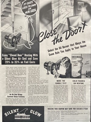 Vintage 1937 Silent Glow Oil Burner Door Air Seel Magazine Print Ad Ephemera