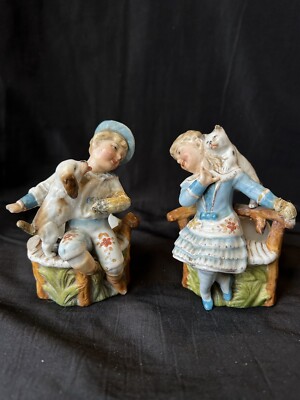 Antike deutsche Conta&Boehme oder Gebrüder Heubach Porzellan Figur Mädchen&Junge&Haustiere