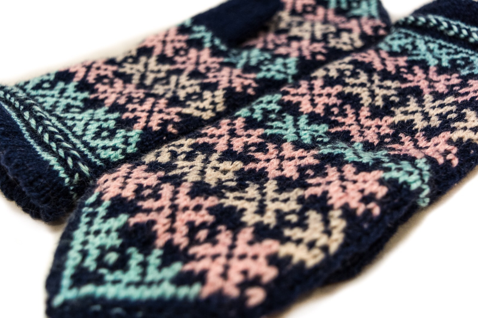 Hand knitted wool mittens, wool hand warmers, patterned, blue image 3