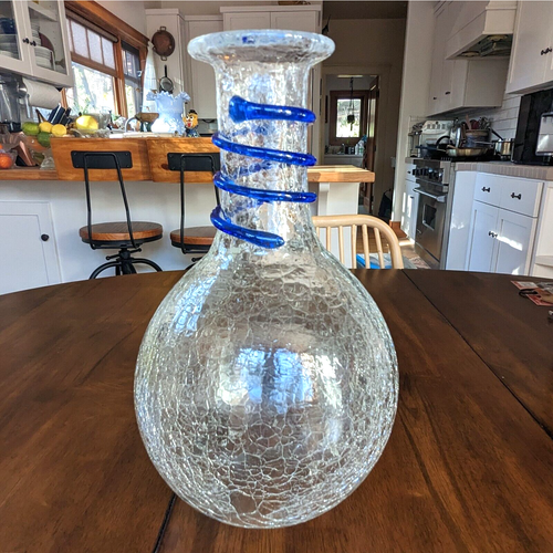 Blenko Clear Crackle Decanter #9432 Clear Crystal w Blue Spiral Ribbing 2007 - Picture 3 of 12