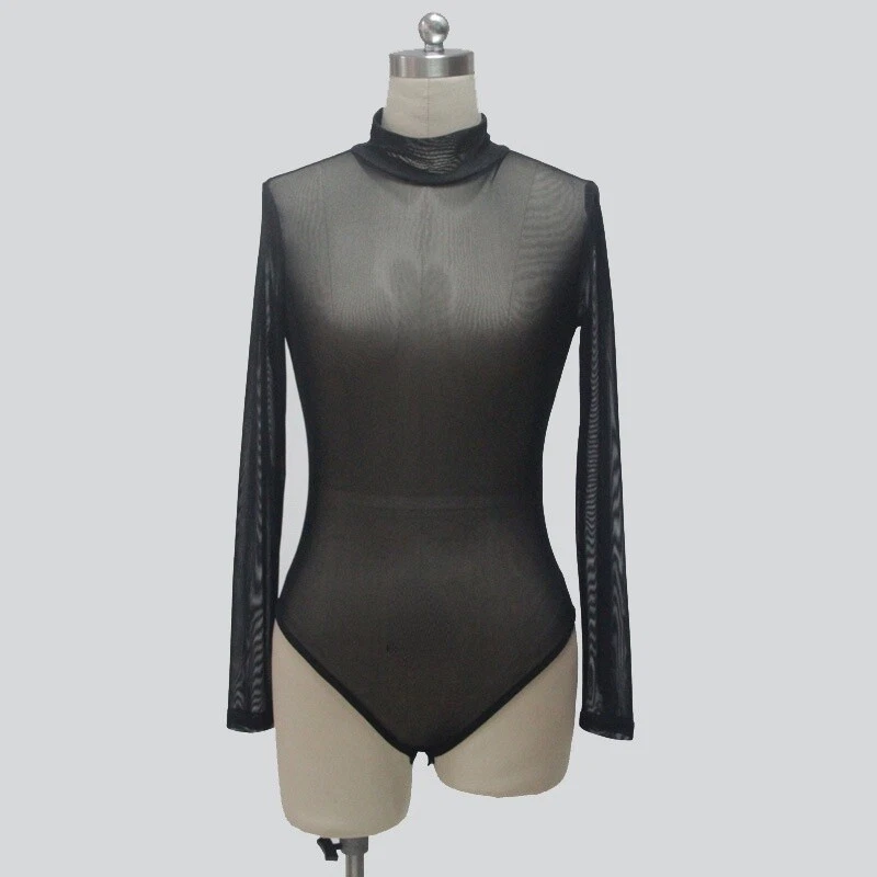 Women Sheer Mesh Bodysuit Leotard Top Lingerie Turtle Neck Long Sleeve Sexy - Image 4 of 4