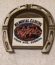 Vtg Metal Horseshoe Ashtray Ceramic Tile "Memorial Carving" STONE MTN., GEORGIA