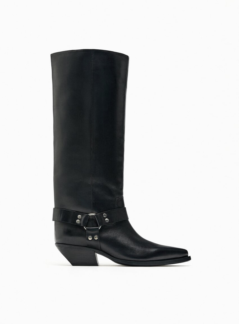ZARA LEATHER COWBOY BOOTS WITH BUCKLE BLACK NEW FW24 ALL SIZES REF