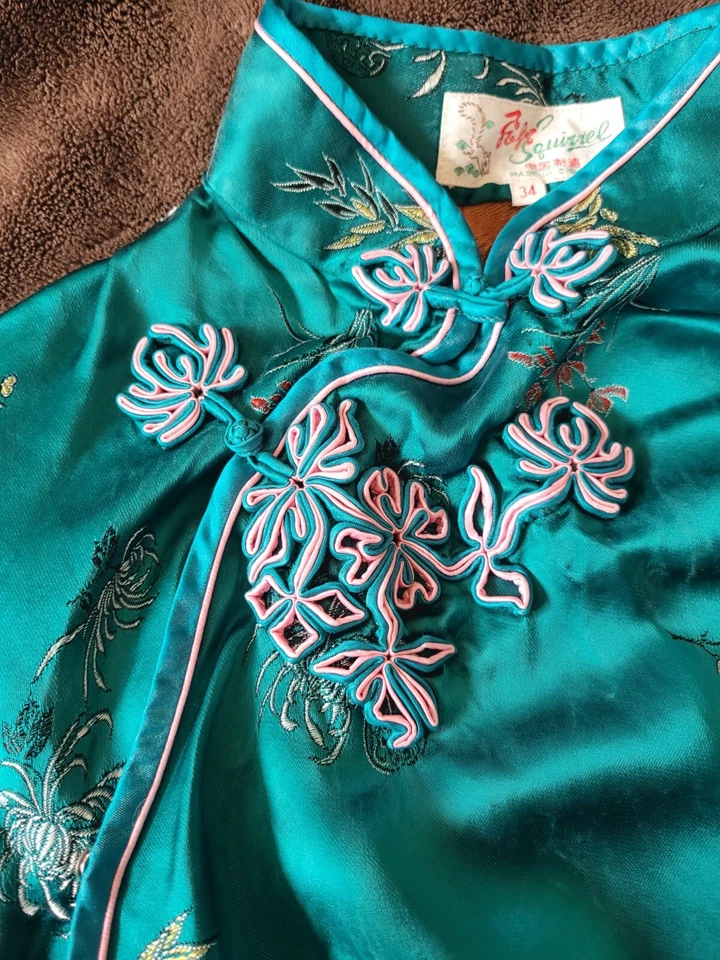 Vestido Qipao Chino Vintage Seda y Bordado Años 60 Azul Rosa Cheongsam S Foto 3 de 4