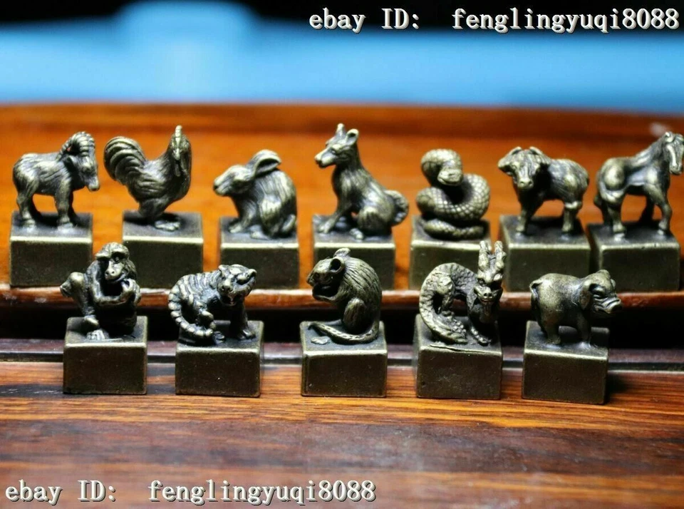 Bronze Chinese Zodiac Animal Rat Mice Ox Tiger Goat Seal Stamp Signet Set M012 - Image 2 of 4