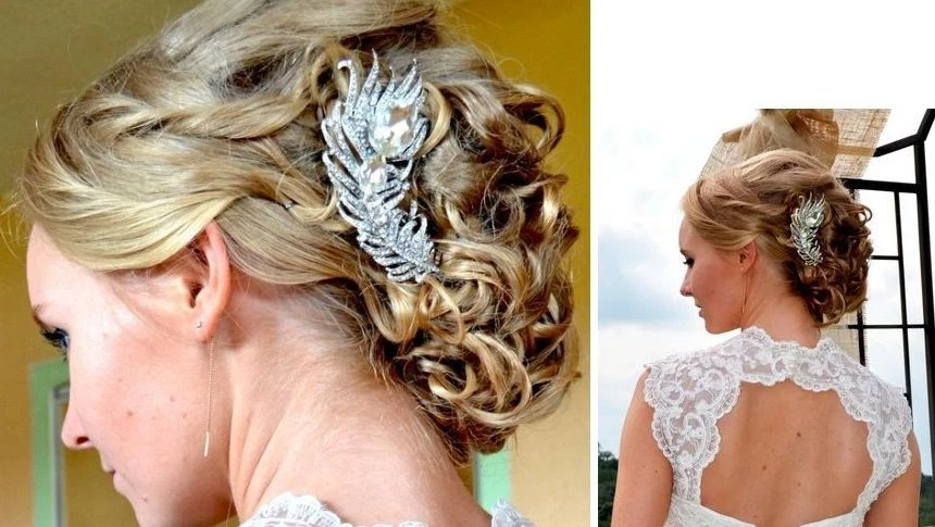 Peine lateral con pinza para el pelo de boda cristal austriaco pluma de pavo real 05038C1 Foto 3 de 4