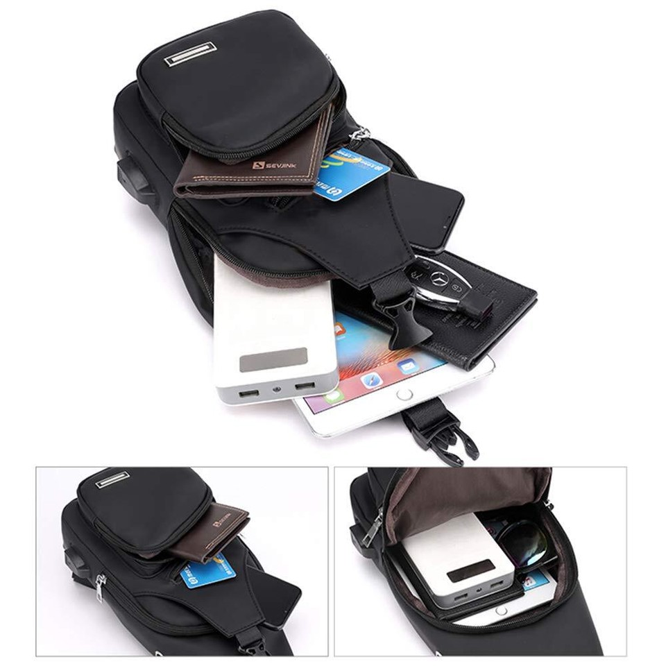 Mens Sling Bag, Leather Sling Bag with USB Charging Port Waterproof
