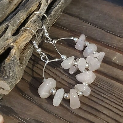 Artisan Gemstone Baroque Rose Quartz Sterling Silver Plated Hoop Earrings