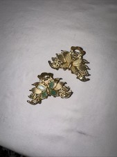 2 Vintage Butterfly Green Yellow Hair Claw Clamp Barrette Gold Tone Rhinestones