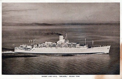 VINTAGE POSTCARD ORIENT LINE R.H.M.S. ORCADES c. 1930s CORNER STAIN