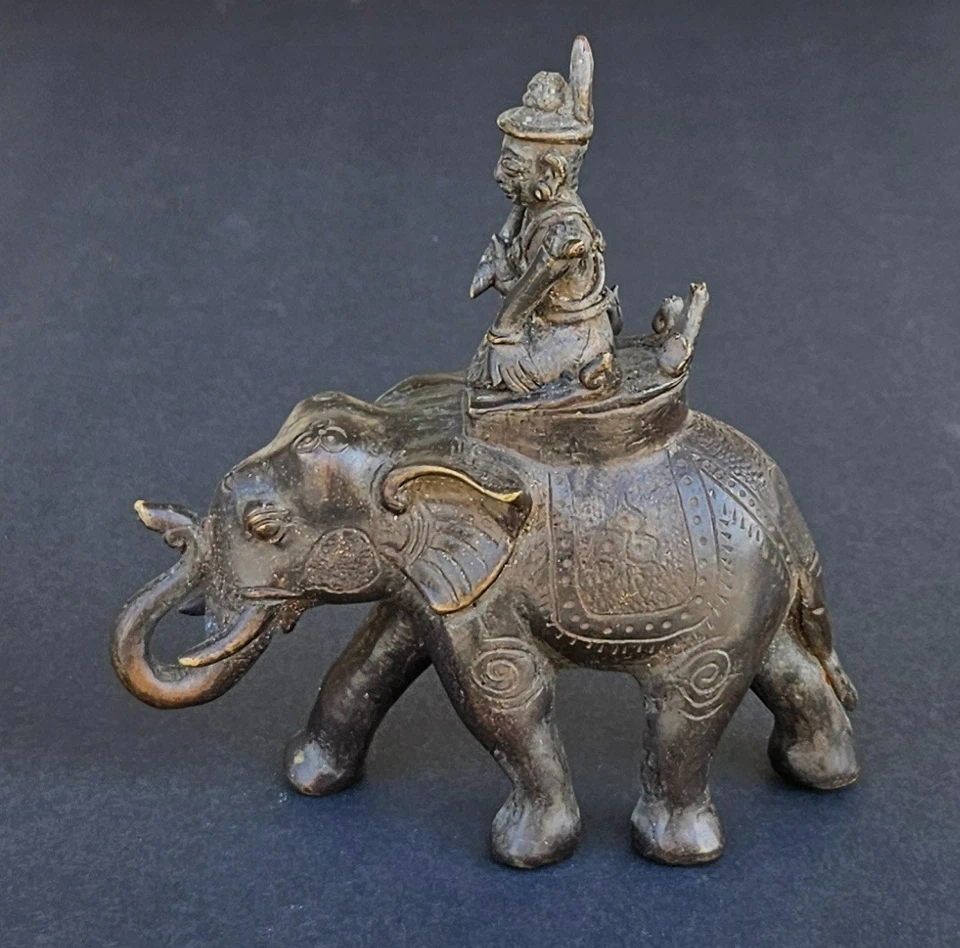 Antigua escultura de bronce hindú indio de 1900 elefante y jinete de Shiva Foto 3 de 4