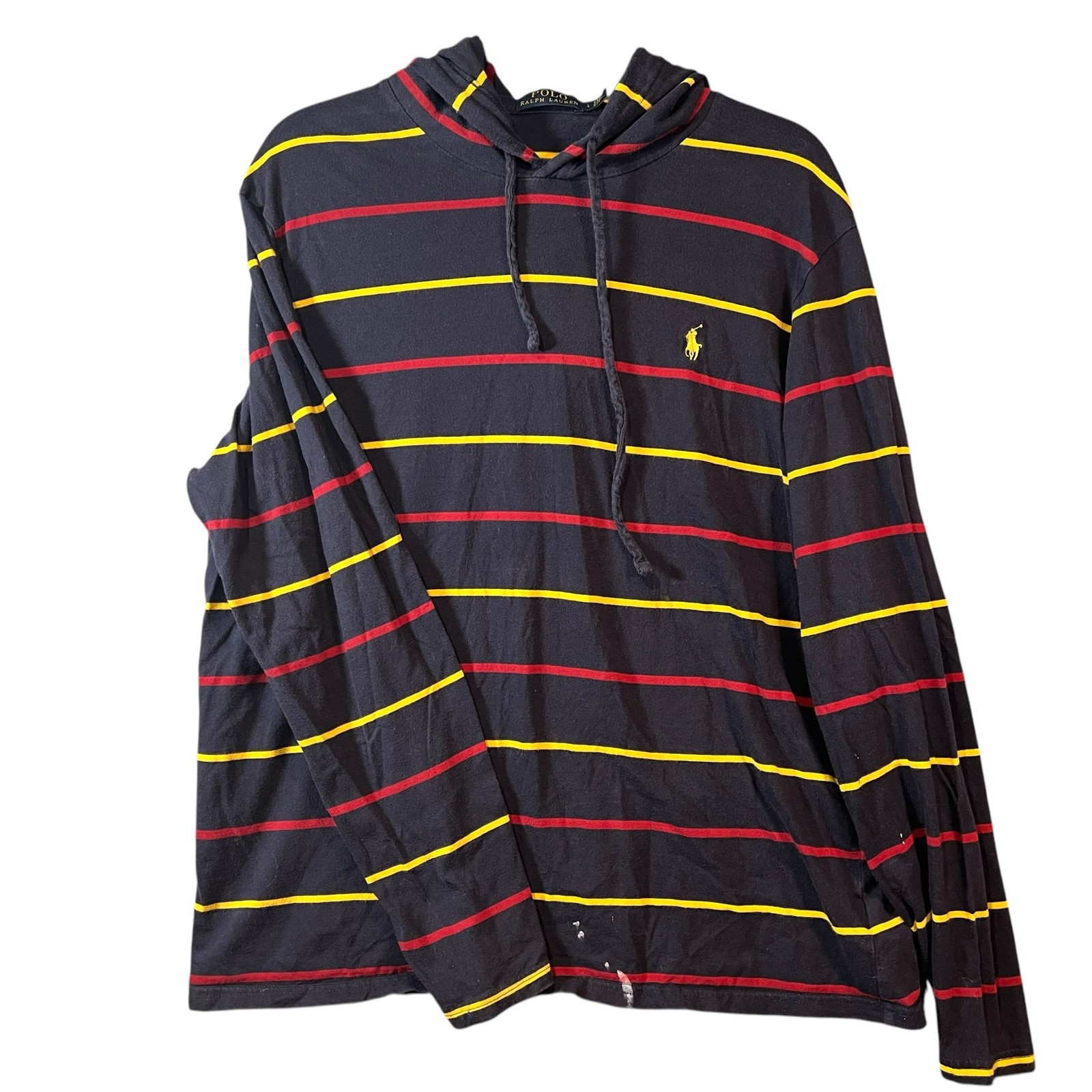 PONY Polo Ralph Lauren uomo L cotone a righe con cappuccio maglietta manica lunga pullover blu navy