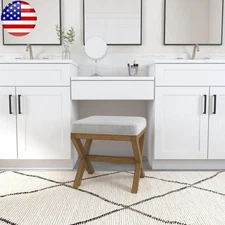 Backless Upholstered Wood Vanity Stool Fog Gray Durability Modern Farmhouse New