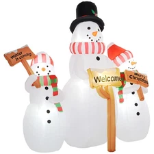 Triple 72.8in Inflatable Snowmen with Signs and White LED Outdoor Christmas