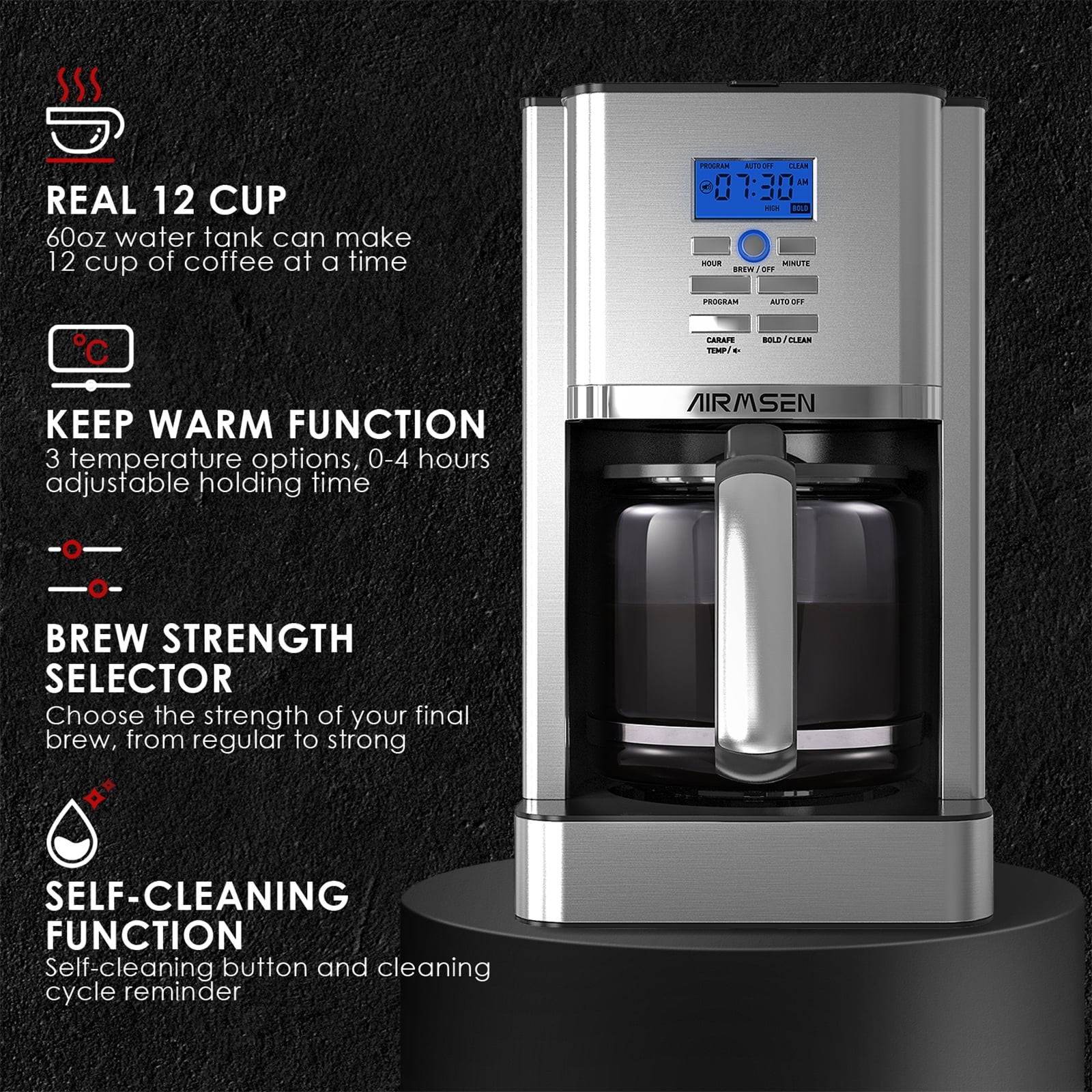 12-Cup Stainless Steel Drip Coffee Maker Programmable Self-Cleaning