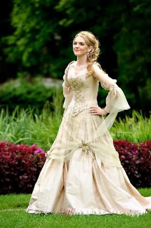 Gothic Wedding Dress Lace-up Corset Long Sleeve Champagne Fairy Wedding Dresses - Image 3 of 4
