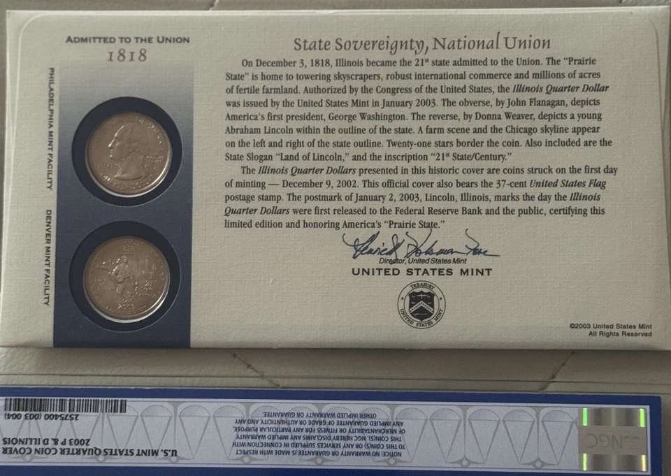 2003 P&D Illinois Quarter Coin Cover NGC MS66/MS67 FDOI - Image 2 of 2
