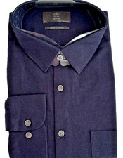 M&S Men Shirt Navy Blue Pure Cotton Brushed Feel Reg Fit 18" Collar BNWT Marks