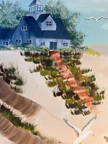 Vintage Beach Coastal Art Landscape Signed Original Oil Painting House Seagulls - Picture 3 of 12