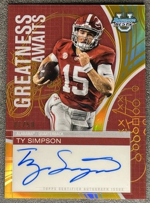 Ty Simpson 2025 Bowman Best Greatness Awaits Gold Refractor ON CARD Auto /50