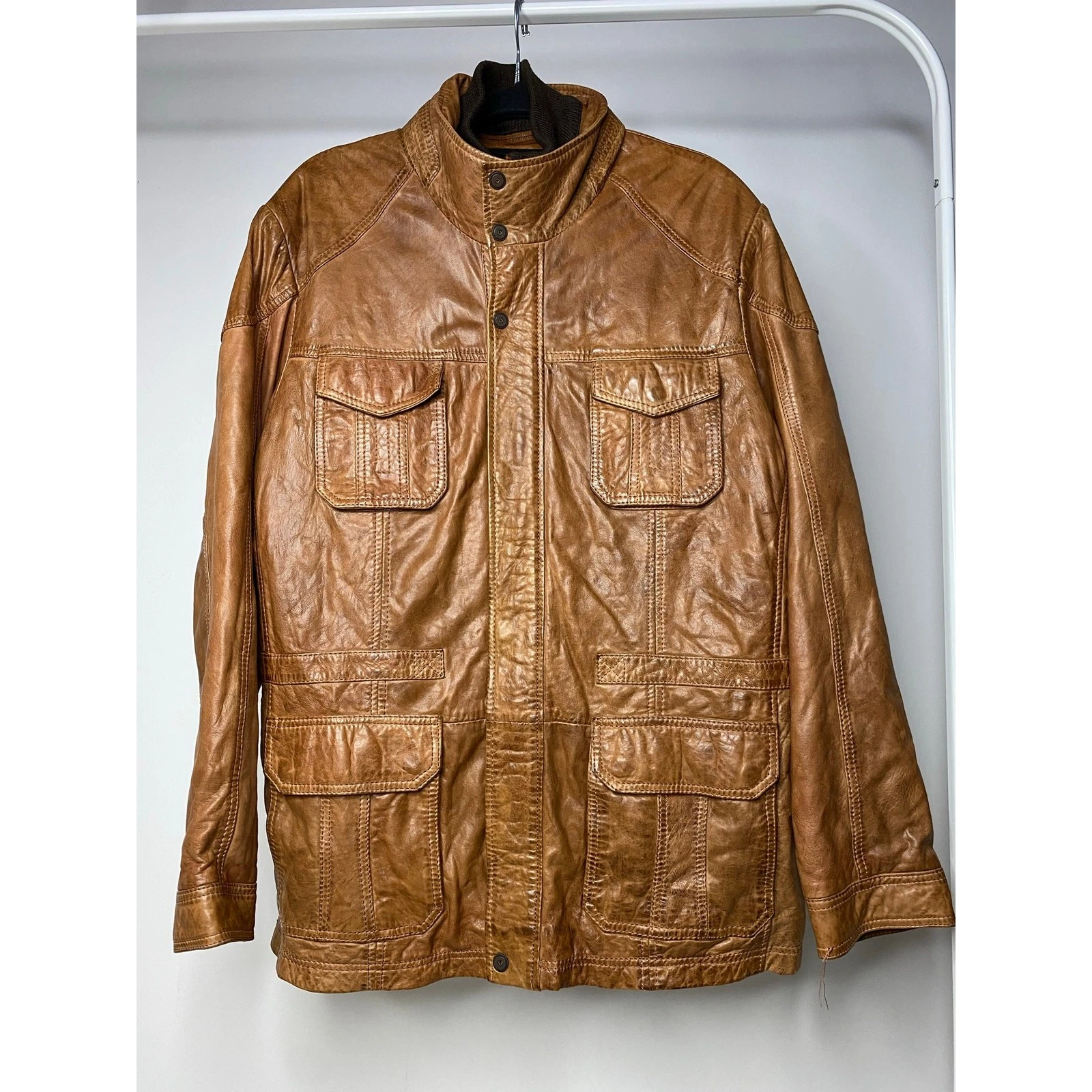 Carbon2Cobalt Men's Large Leather Bomber Jacket Brown Double Zip Up Mock - product detail image 1