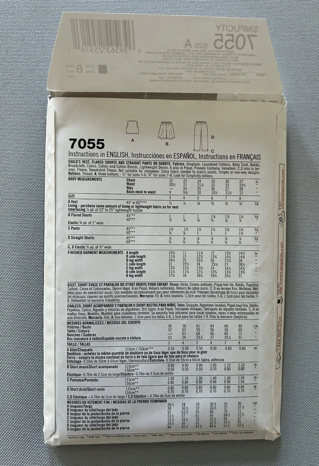 Simplicity 7055 Vest Shorts Pants Pattern Childs A3-8 New Uncut FF - Image 2 of 4