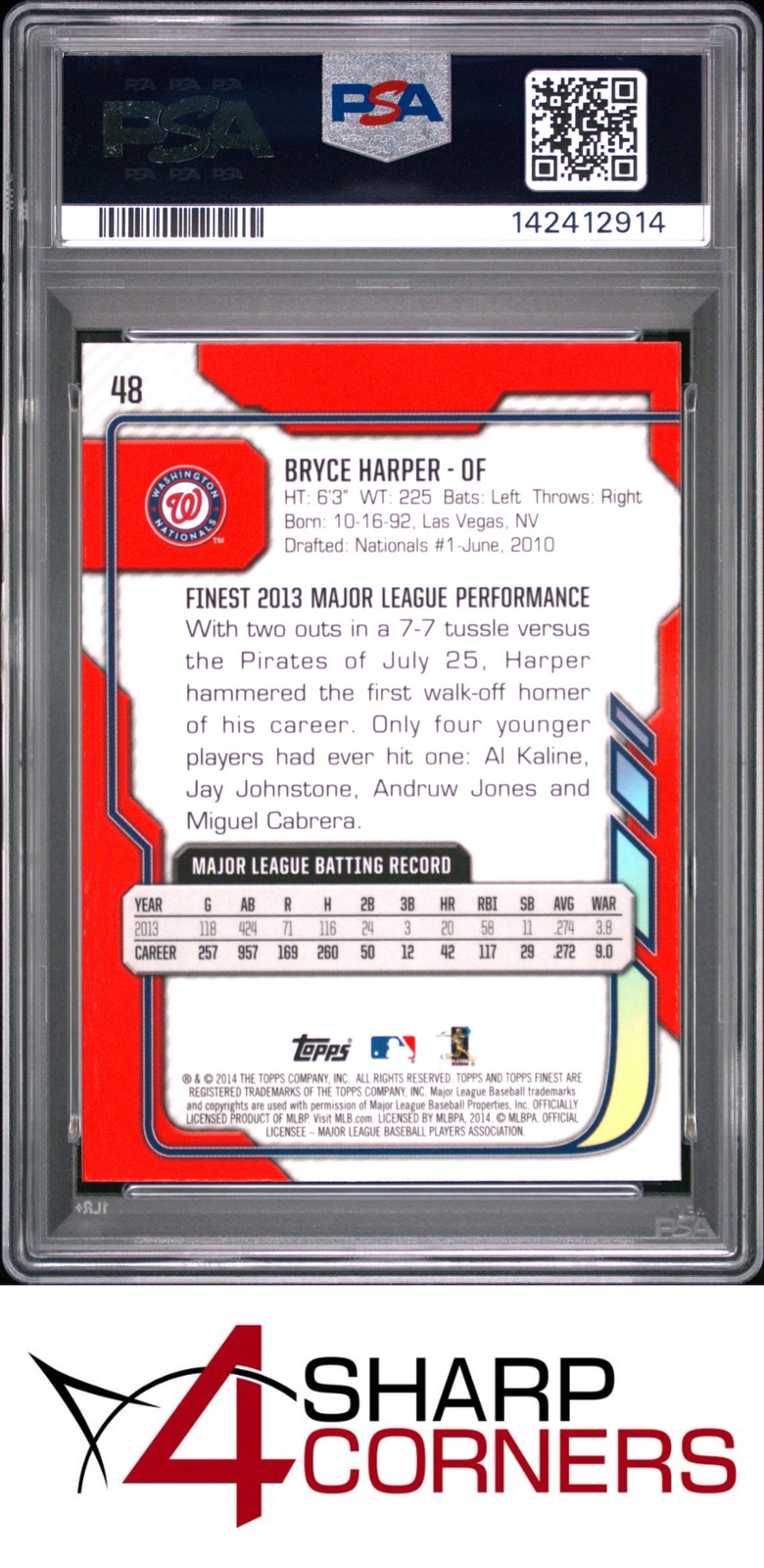 2014 FINEST #48 BRYCE HARPER NATIONALS PSA 9 view 2