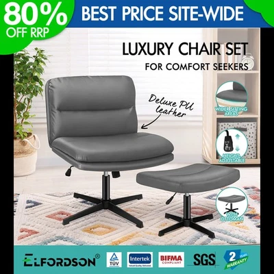 ELFORDSON Armless Chair Swivel Office Padded Wide PU Leather Grey w/ Footstool