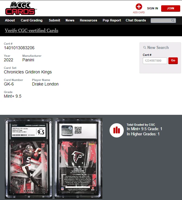 2022 Panini Chronicles Gridiron Kings #GK-6 Drake London Rookie RC CGC 9.5 POP 1 - Image 3 of 3