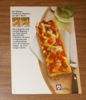 Seltene Werbung IGLO BISTRO PIZZA & ZWIEBEL BAGUETTES - Typisch französisch 1981