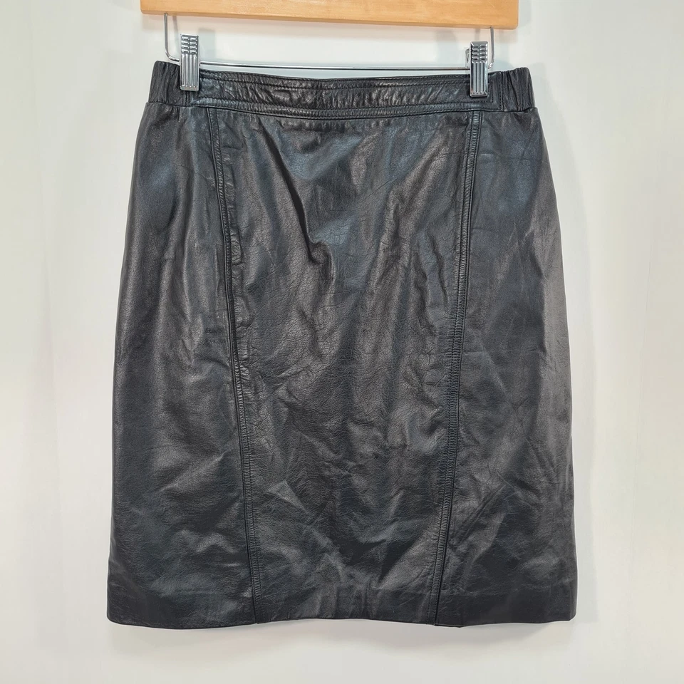 Minifalda recta de cuero negra vintage Brandon Thomas talla 12 A Foto 2 de 4