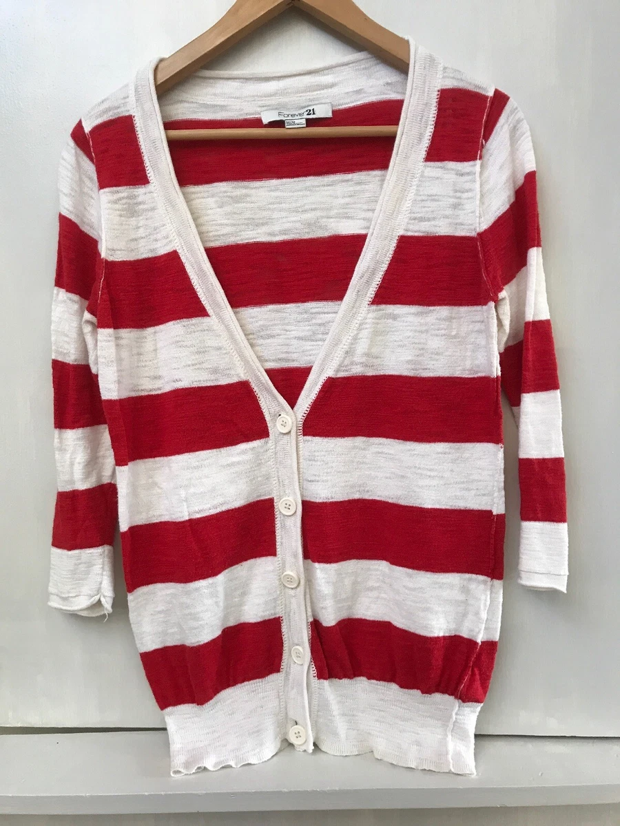 Forever 21 Red Cream White Striped Button 3 4 Sleeve Cardigan Sweater M Medium