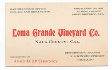 1900 Wine Business / Trade Card for Loma Grande Vineyard Company Napa CA