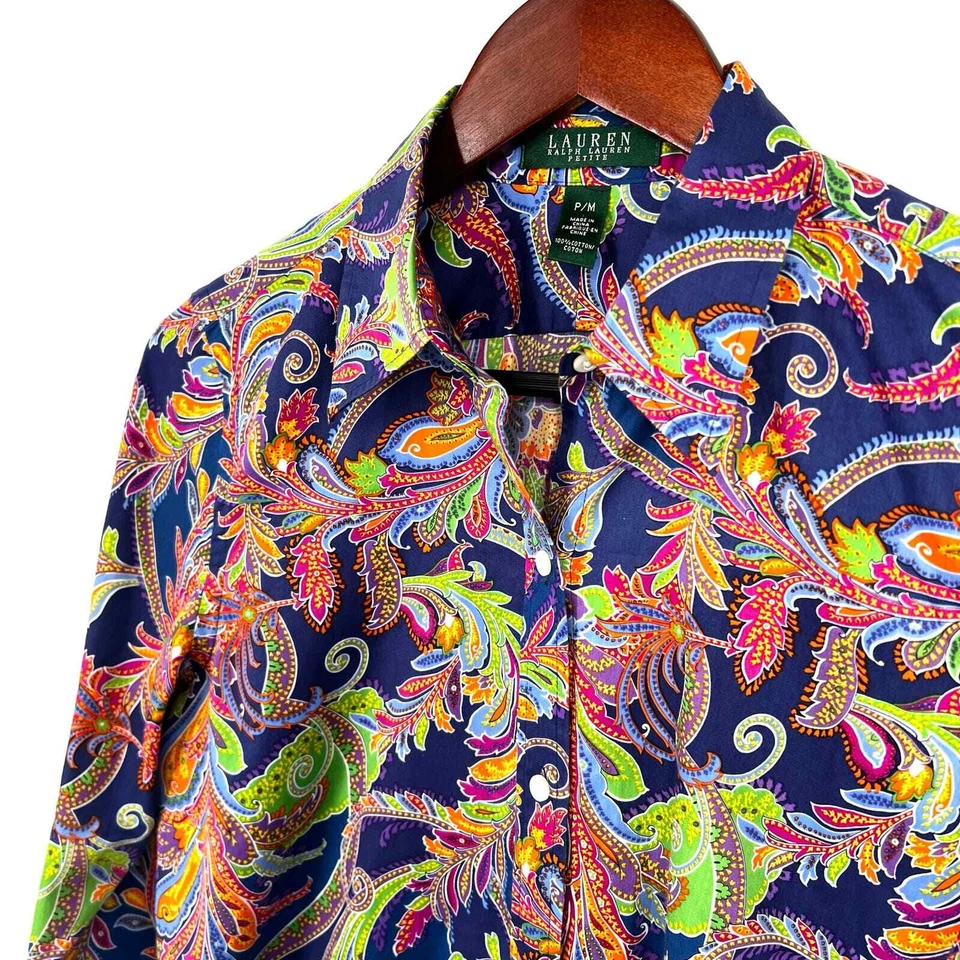 Ralph Lauren Mujer PM Pequeña Mediana Rosa Paisley Blusa Camisa Top Botón Playa Foto 4 de 4