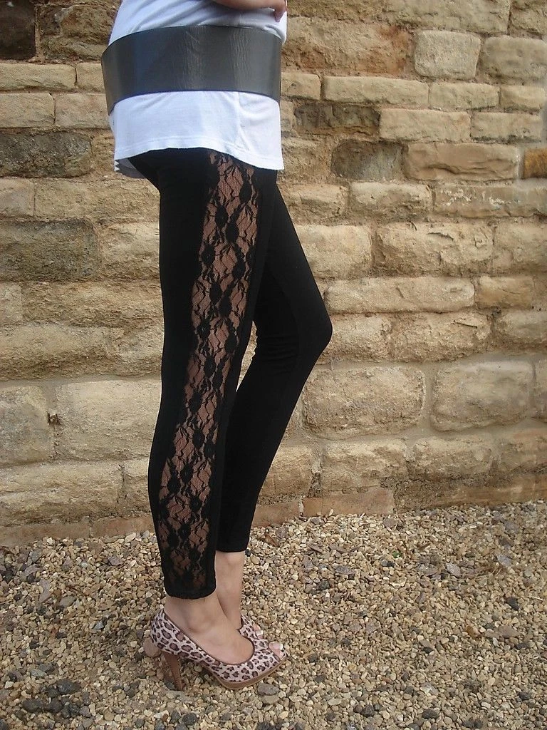 PETITE LENGTH Leggings Lace Insert Viscose Stretch BLACK UK 6 8 10 12 14 16  18