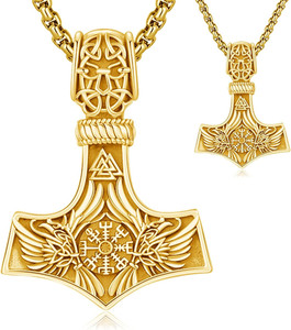 Authentic 18K Gold Plated Thor's Hammer Mjolnir Necklace for Men Women 925 Sterling Silver