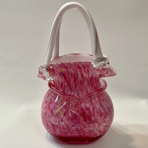 Murano Style Handblown Art Glass Purse Vase Pink Confetti Swirl 8” Tall Vintage